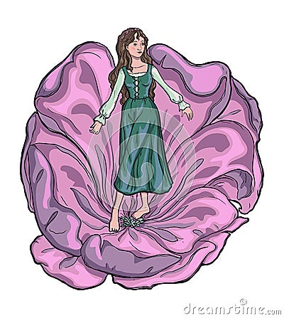 Thumbelina. Girl who lives in flower. Cartoon fairytale character. Vector Illustration